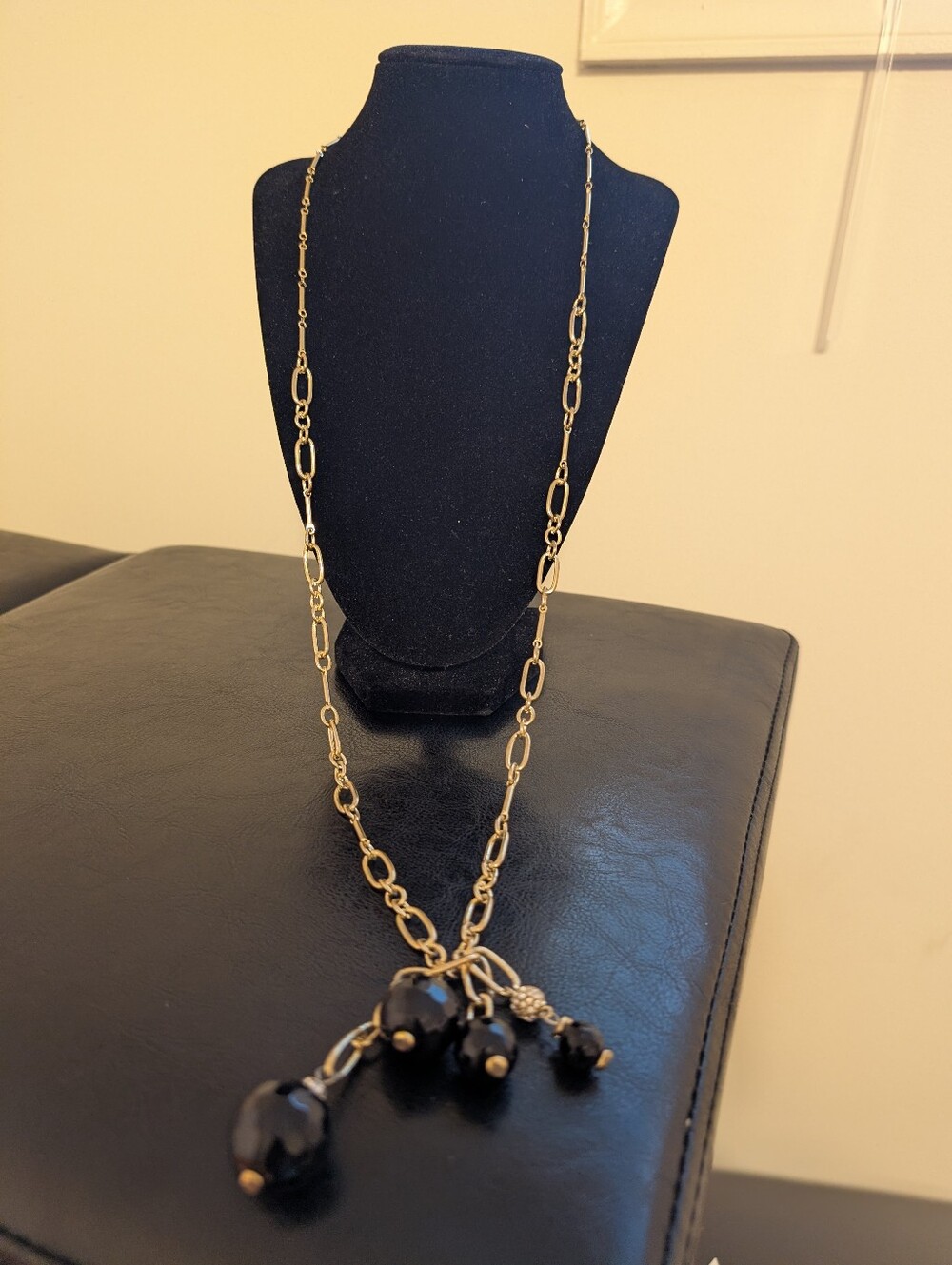 Sequin Gold-Tone Long Necklace with Black Bead Tassel
